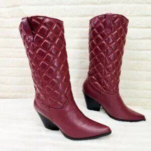 Bells Quilted Faux Leather Western Mid Calf Cowgirl Boots Burgundy Red